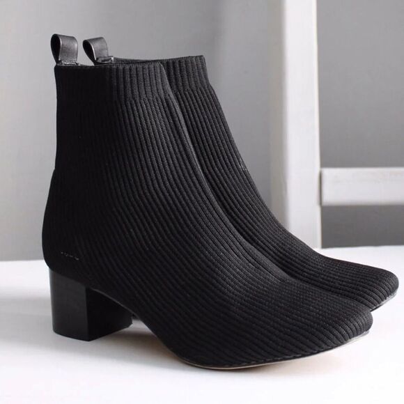 Joie X Revolve NEELY Black Ribbed Knit Stretchy Block Heel Sock Ankle Booties - Picture 1 of 16